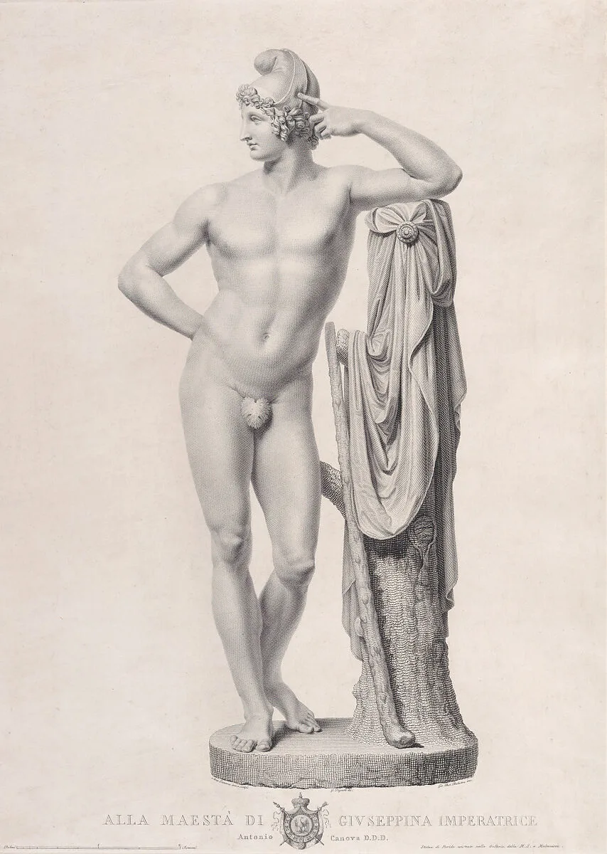 Paris leaning on tree stump, frontal view, from "Oeuvre de Canova: Recueil de Statues..." — Antonio Canova|Giovanni Tognolli|Giovanni Battista Balestra