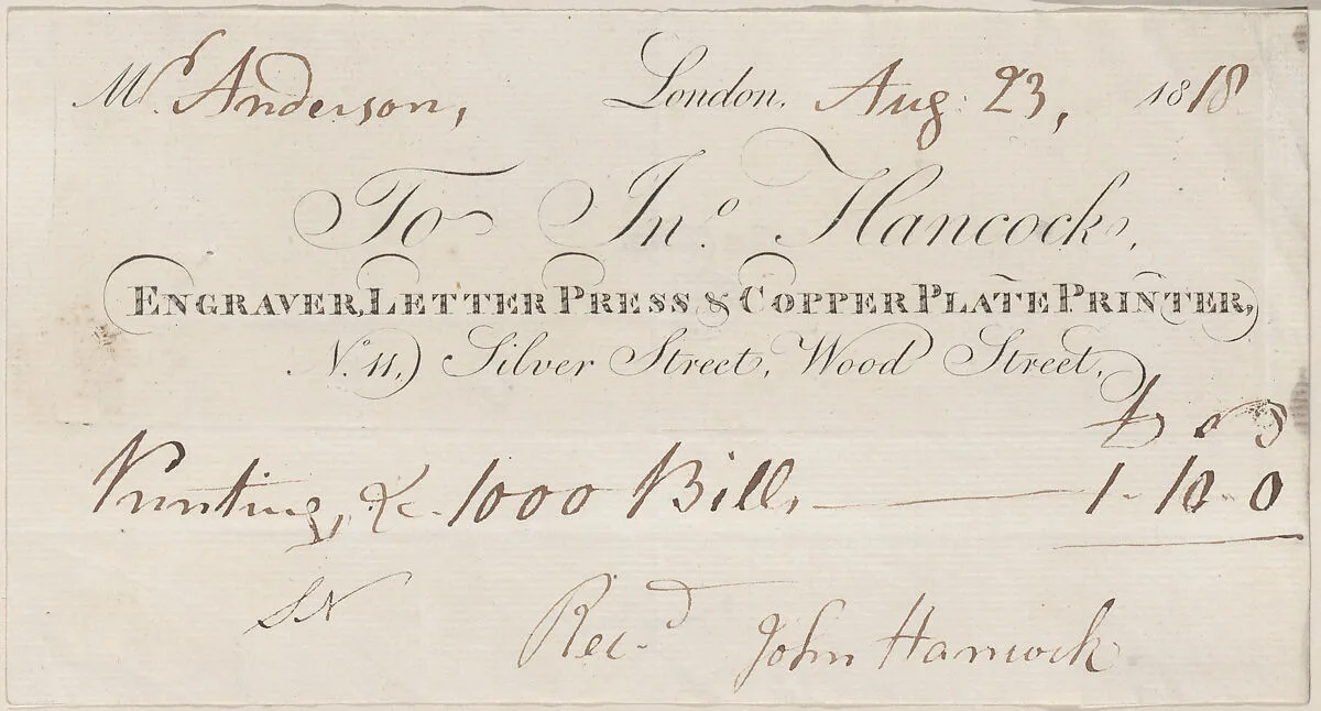 Trade Card for John Hancock, Engraver and Printer — Anonymous, British, 19th century