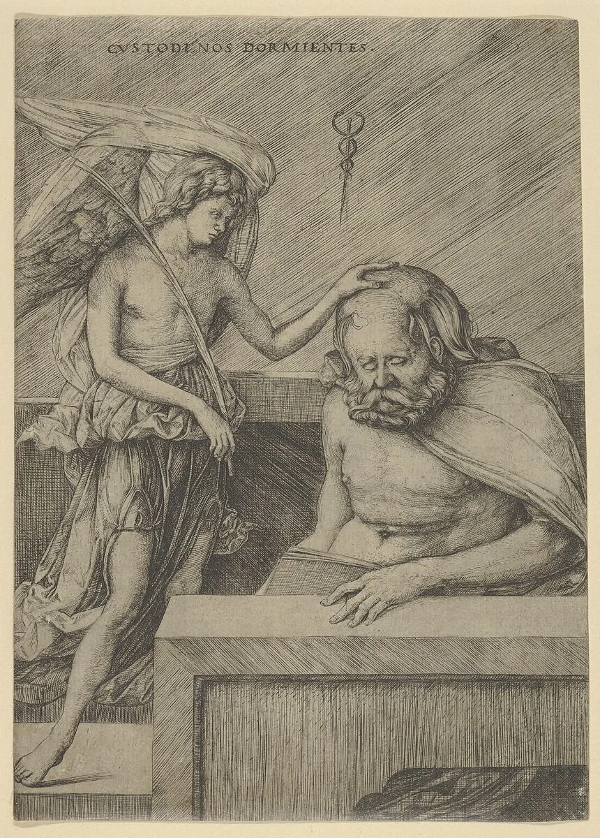 The Guardian Angel: an angel at left placing his hand on the head of a sleeping seated man — Jacopo de' Barbari
