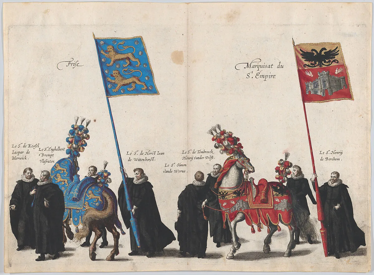 Plate 34: Men with heraldic flags and horses from Frise and the Hapsburg Empire marching in the funeral procession of Archduke Albert of Austria; from 'Pompa Funebris ... Alberti Pii' — Cornelis Galle I|Jacques Francquart