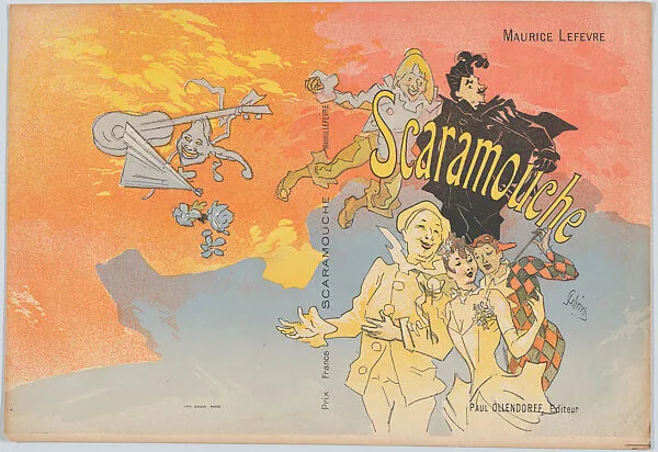 Cover illustration, for Maurice Lefèvre's "Scaramouche" (Paris: P. Ollendorff, 1891) — Jules Chéret|Imprimerie Chaix (Ateliers Chéret)