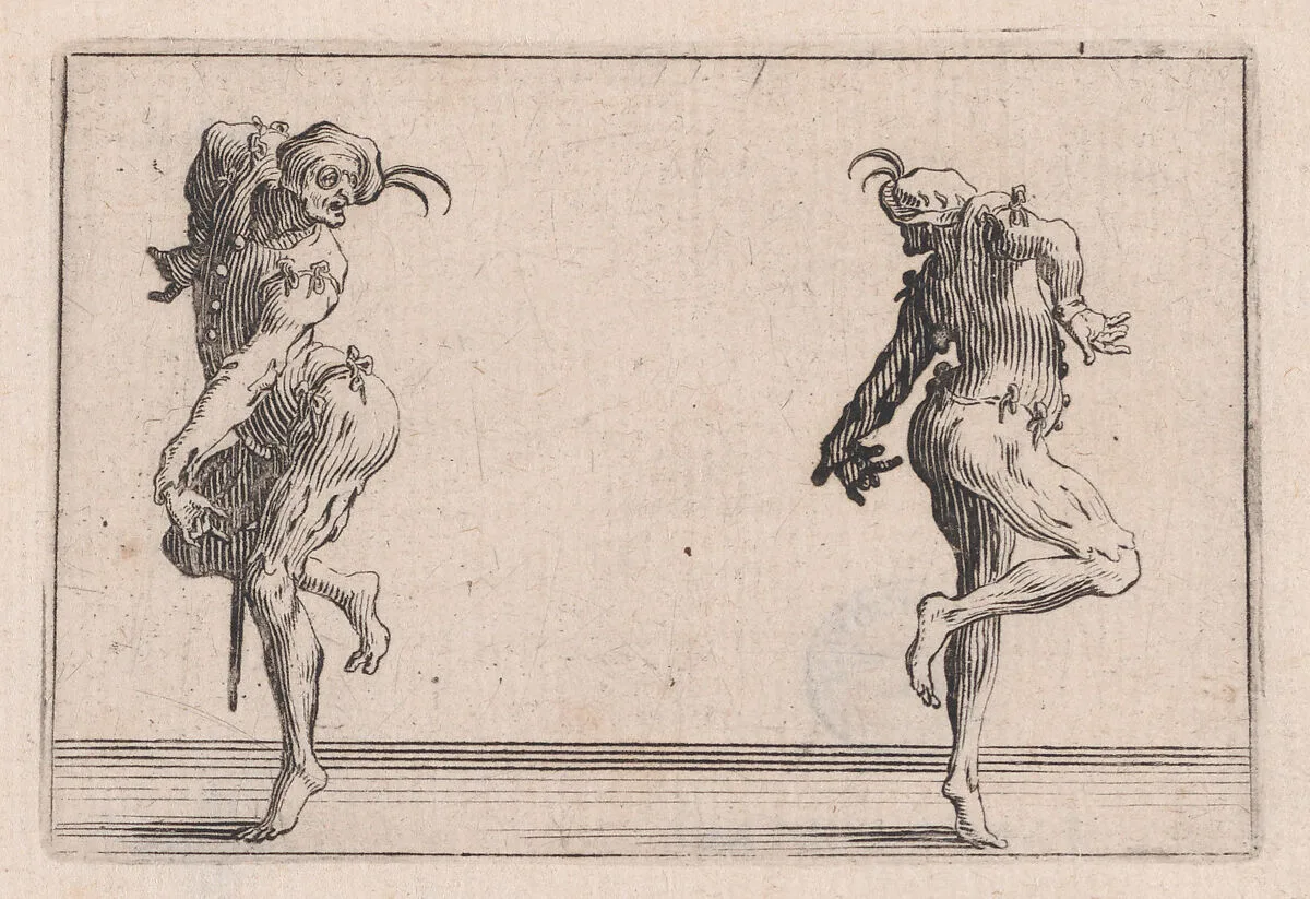 Les Deux Pantalons se Tournant le Dos (Two Men in Pantsuits Turned Away from Each Other), from Les Caprices Series B, The Nancy Set — Jacques Callot|Lorenzo de' Medici
