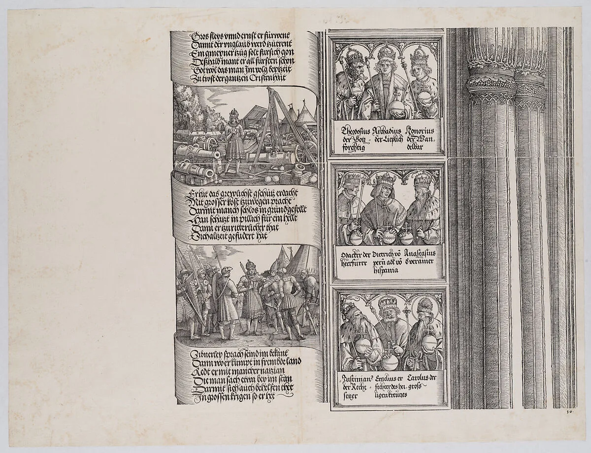 Maximilian as Commander-in-Chief; and Maximilian Conversing in Seven Languages; with Portraits of Emperors and Kings (Maximilian's Forerunners), from the Arch of Honor, proof, dated 1515, printed 1517-18 — Hieronymus Andreae|Hans Springinklee|Wolf Traut|Albrecht Altdorfer|Albrecht Dürer