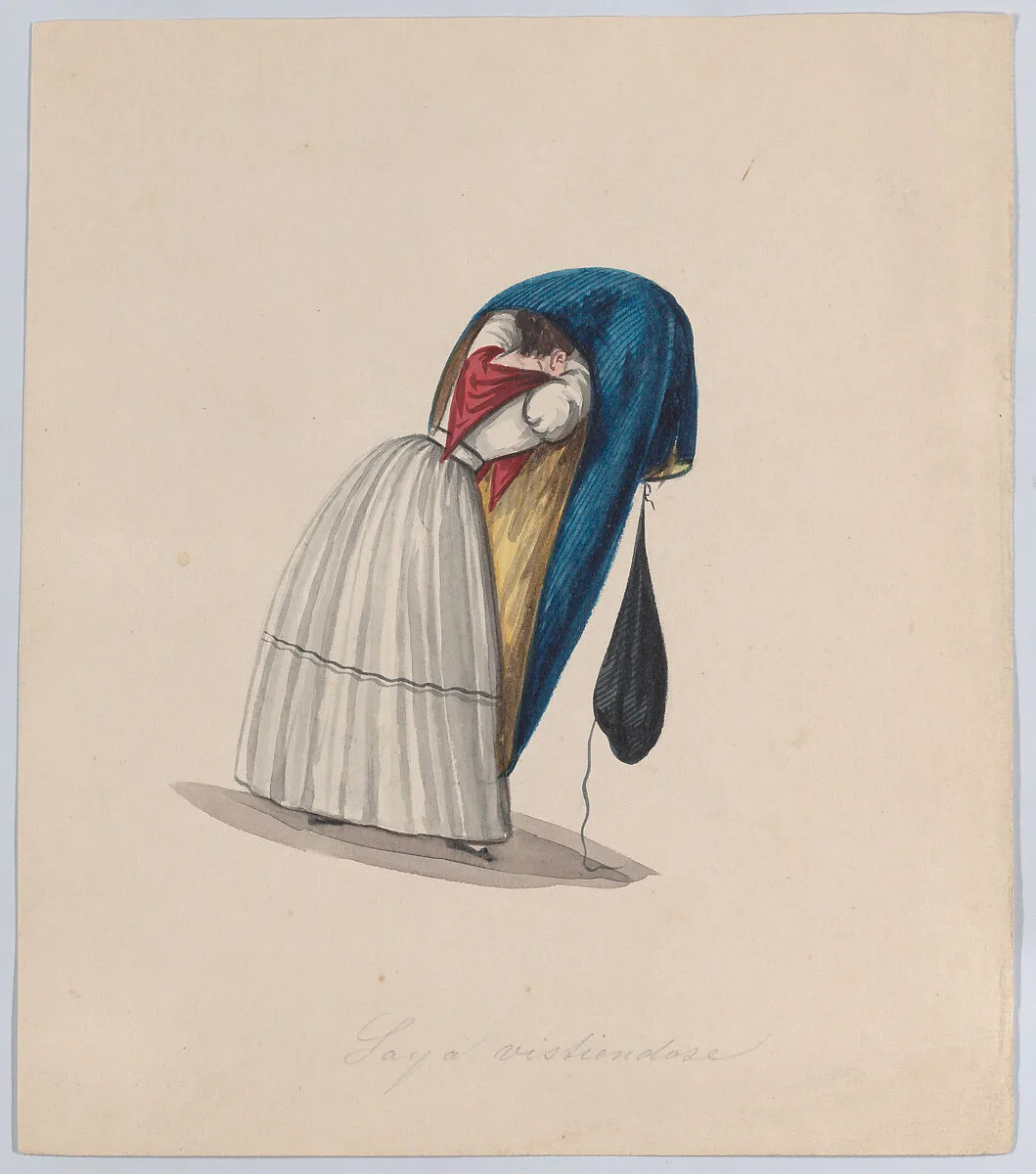 A woman getting into her saya viewed from behind, from a group of drawings depicting Peruvian dress — Francisco (Pancho) Fierro