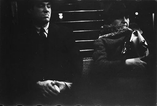 [Five 35mm Film Frames: Subway Passengers, New York City: Man in Suit, Older Woman, Subway Car Interior]