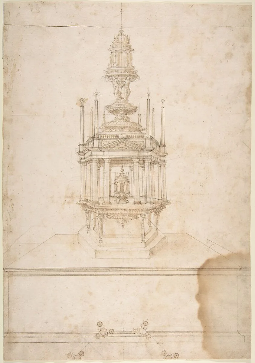 Design for an Polygonal Tabernacle, with Obelisks and a Pediment Surmounted by Three Figures Supporting a Tempietto-like Structure — Galeazzo Alessi