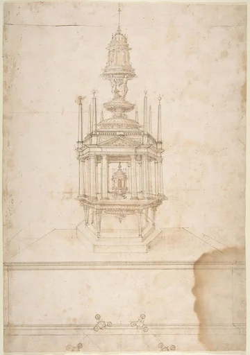 Design for an Polygonal Tabernacle, with Obelisks and a Pediment Surmounted by Three Figures Supporting a Tempietto-like Structure