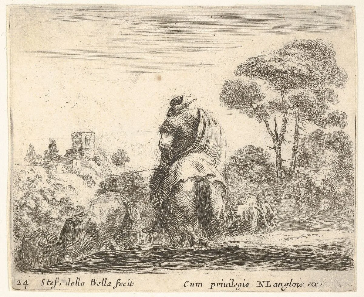 Plate 24: herdsman atop a horse, seen from behind, leads his cattle down a hill, a tower on a hill to left in the background, from 'Diversi capricci' — Stefano della Bella|Nicolas Langlois
