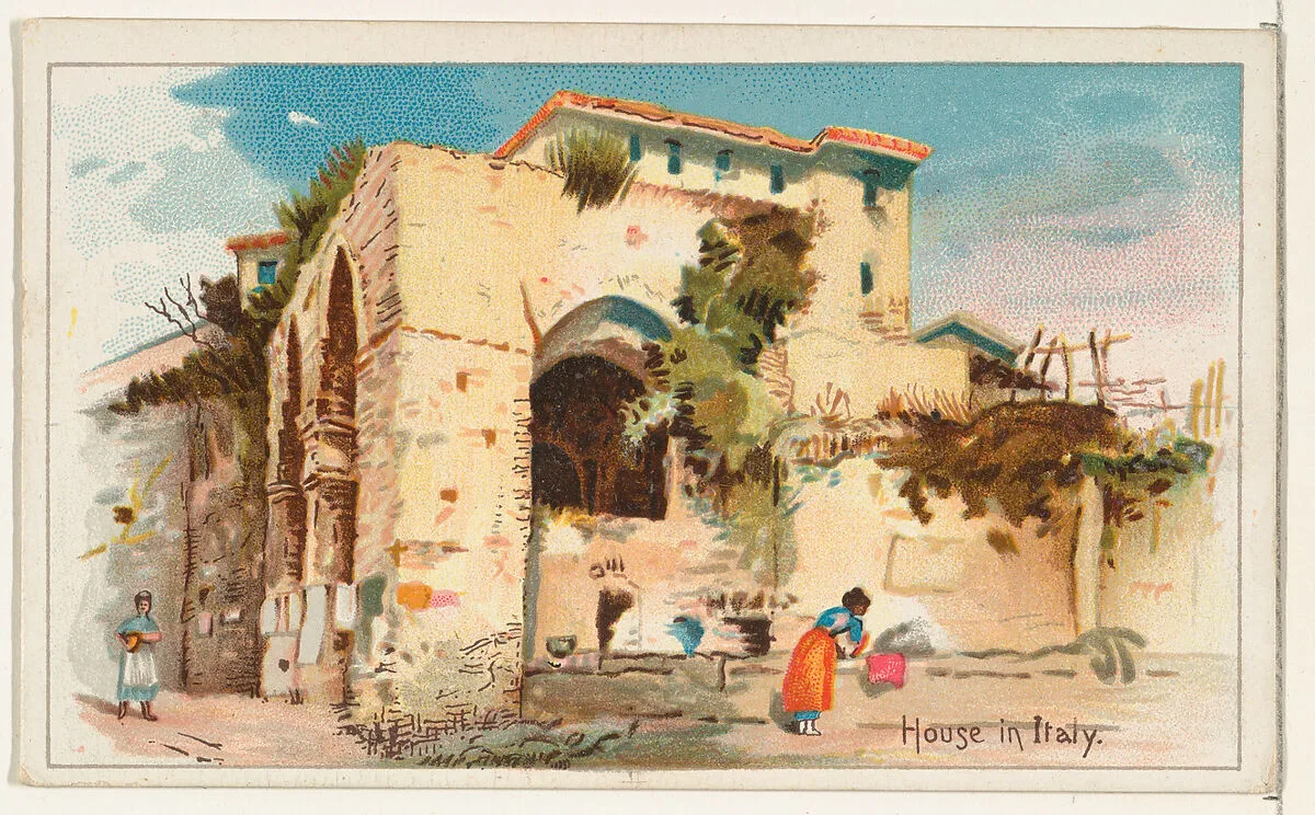 House in Italy, from the Habitations of Man series (N113) issued by W. Duke, Sons & Co. to promote Honest Long Cut Smoking and Chewing Tobacco — The Giles Company|American Tobacco Company|W. Duke, Sons & Co.