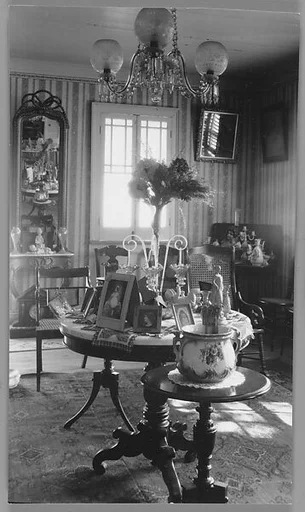 [Domestic Interior with Crystal Chandelier, Mirrors, Round Tables with Framed Photographs]