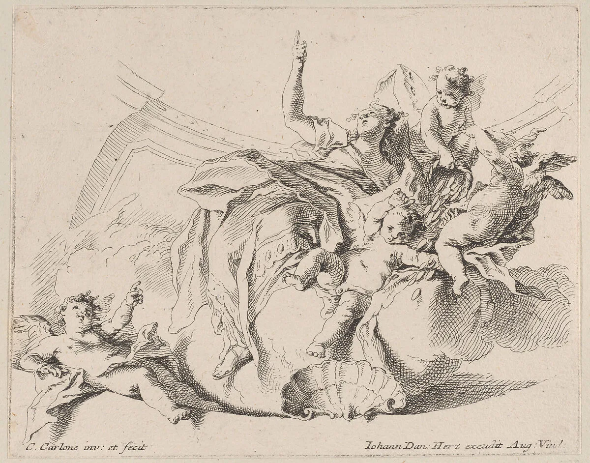 Wealth, represented by a woman seated on clouds and surrounded by putti, one of whom is pouring coins — Carlo Innocenzo Carloni|Johann Daniel Herz the Elder