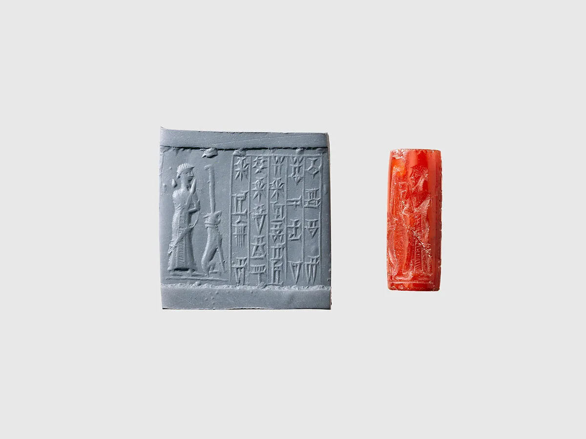Cylinder seal and modern impression: male worshiper, dog surmounted by a standard — Unknown
