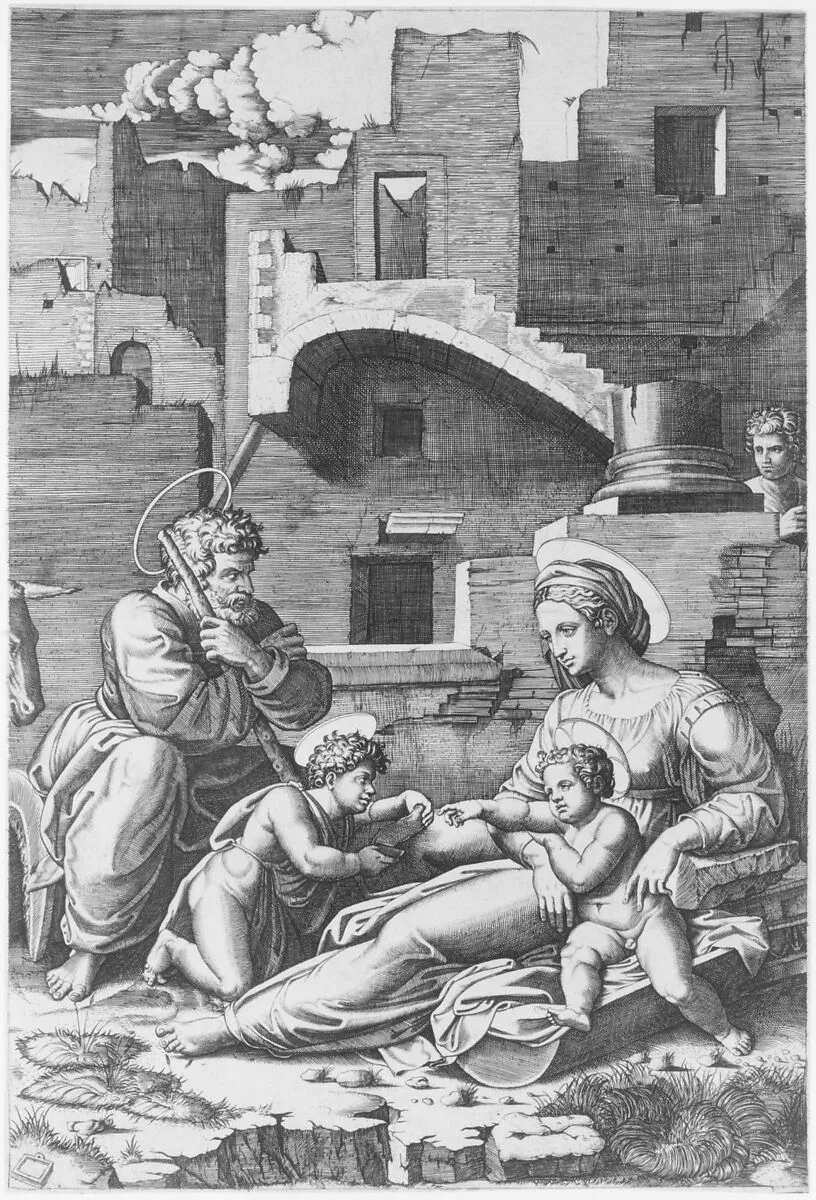 The 'Virgin with the long thigh' sitting with the Christ Child, St John the Baptist and St Joseph — Marcantonio Raimondi|Raphael (Raffaello Sanzio or Santi)