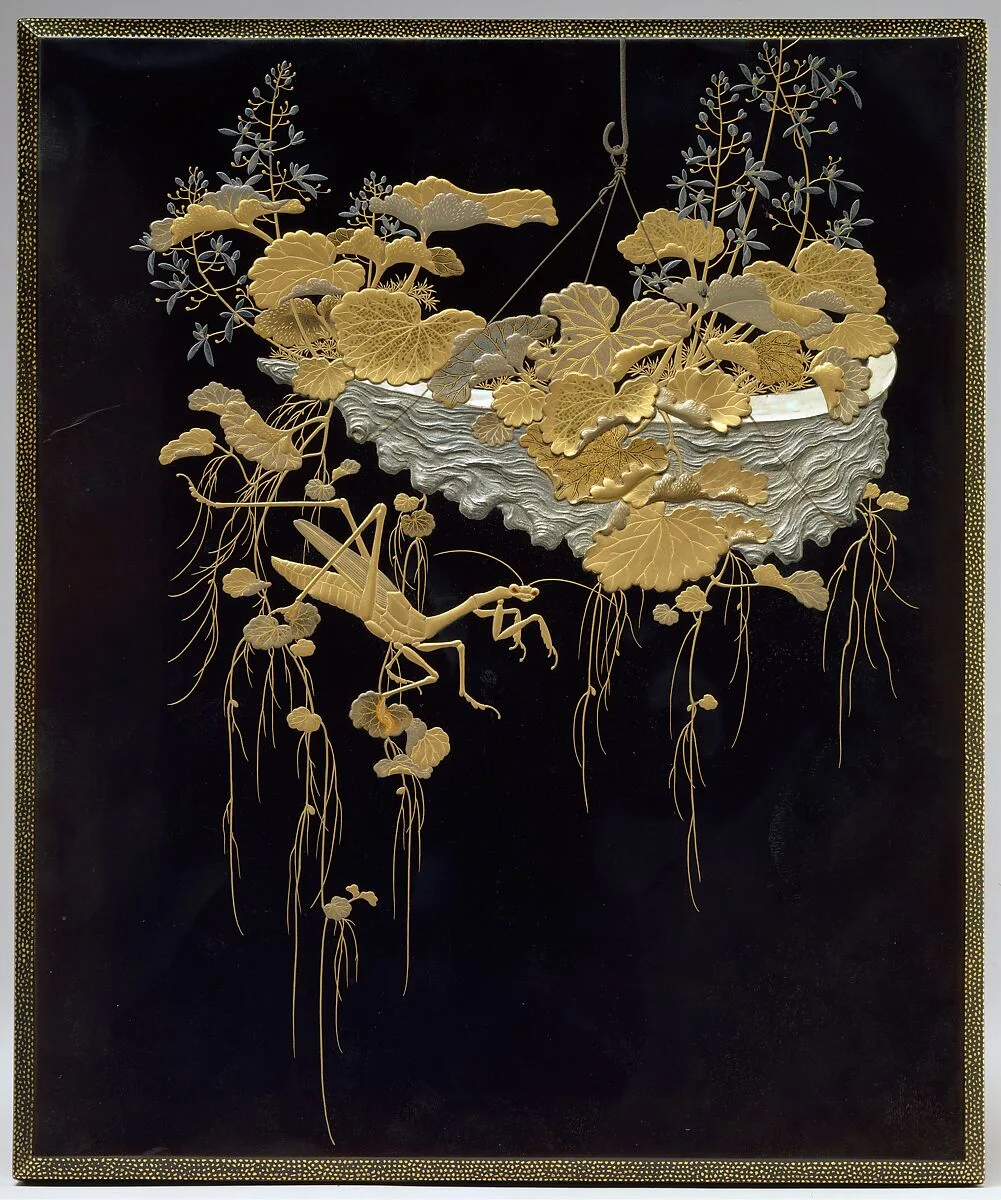 花草蟷螂蒔絵色紙箱|Shikishi (square calligraphy paper) Box with Design of Flowers and Praying Mantis — Unknown