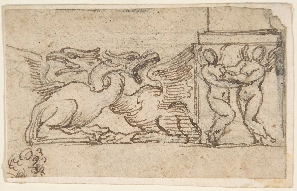 Ornamental Design of Winged Female Figures and Dragons — Anonymous, Italian, 17th century