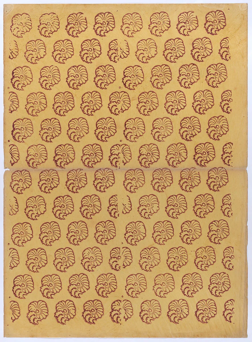 Yellow sheet with overall red abstract pattern — Anonymous