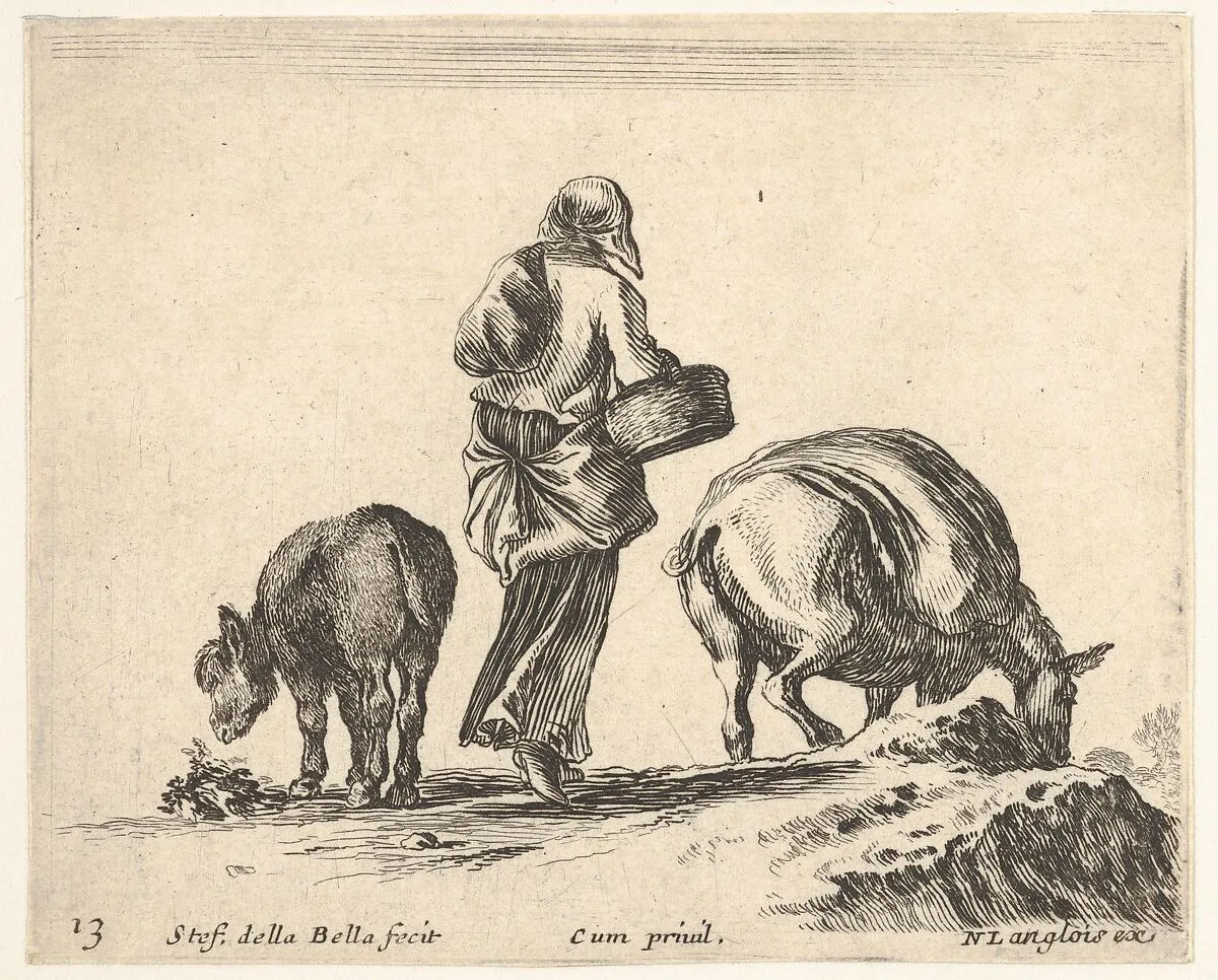 Plate 13: a peasant woman, seen from the back, holding a basket in center, a donkey to left and a horse with a pack on its back to right, from 'Diversi capricci' — Stefano della Bella|Nicolas Langlois