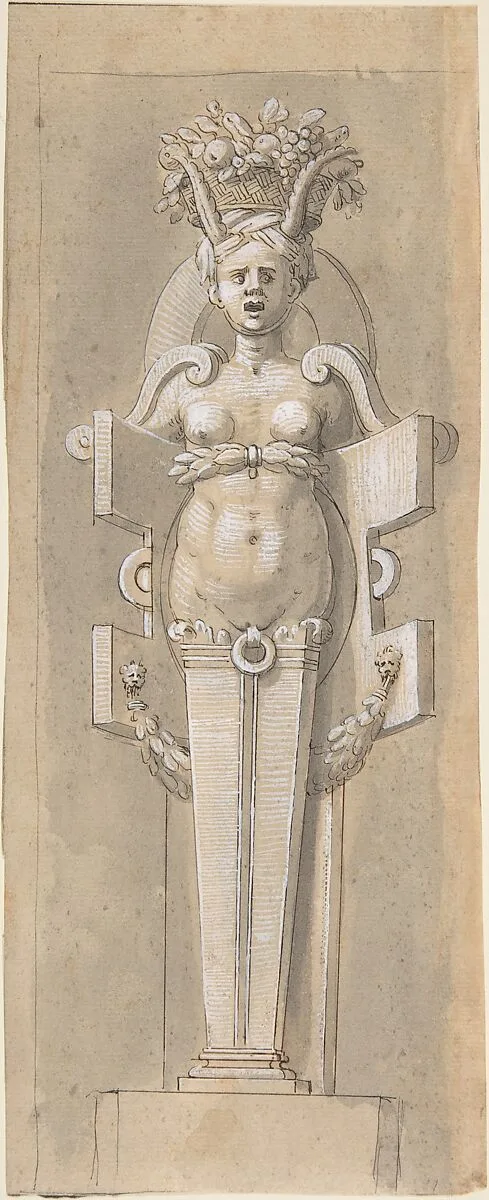 Female Term encased by a Strapwork Panel — Anonymous, French, 16th century