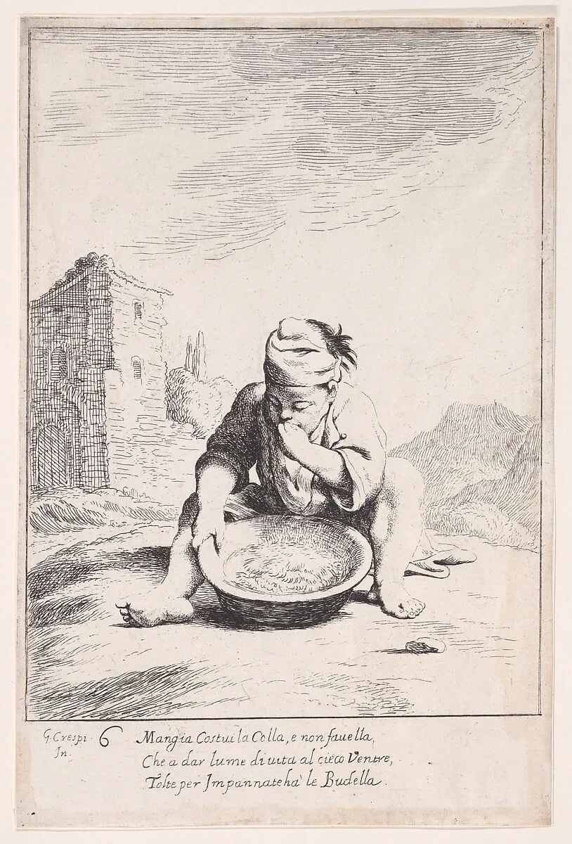 Plate 20: Cacasenno eating a bowl of pasta, from "Bertoldo, Bertoldino, and Cacasenno" — Giuseppe Maria Crespi