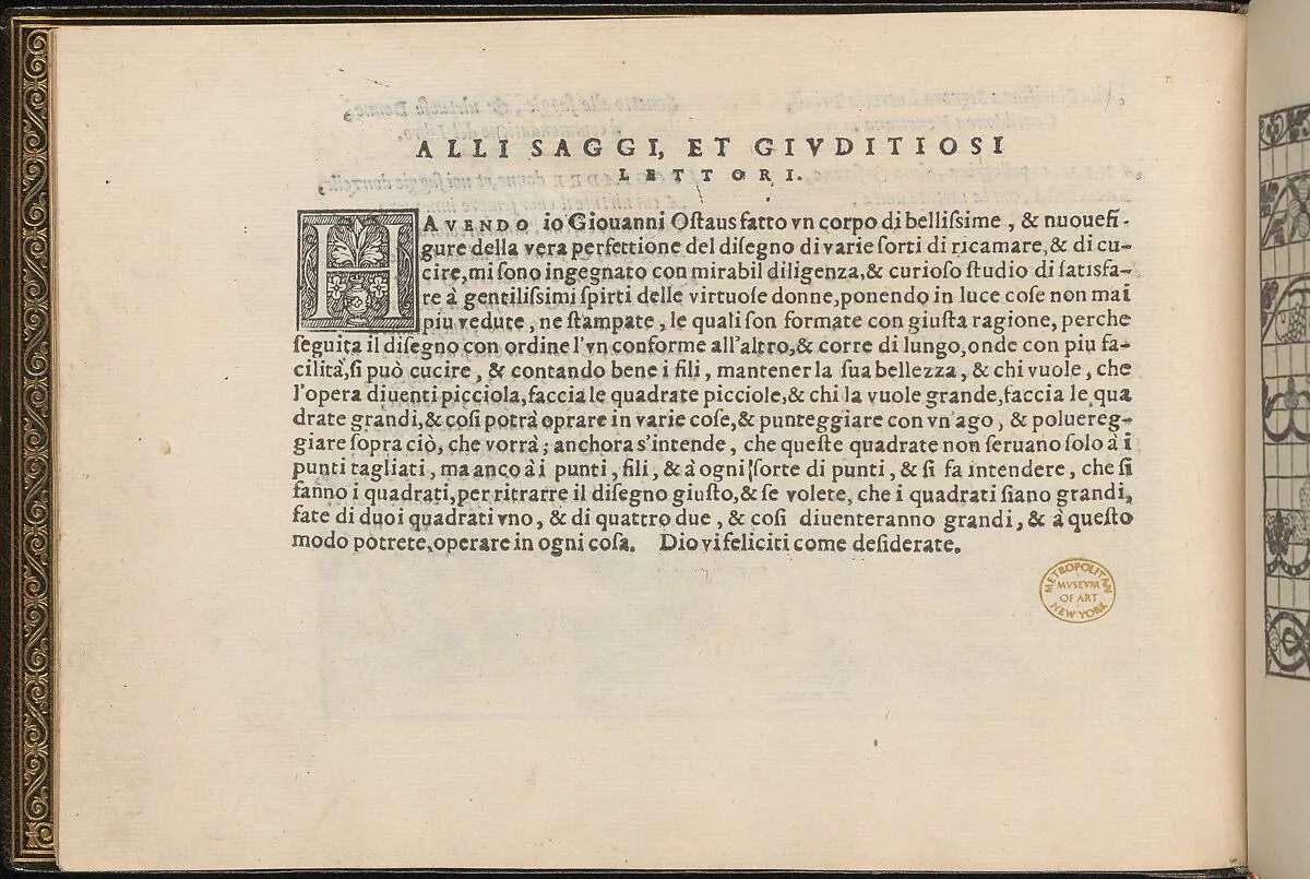 La Vera Perfettione del Disegno di varie sorti di recami, page 3 (verso) — Giovanni Ostaus|Giuseppe Salviati (Giuseppe Porta, called Il Salviati)