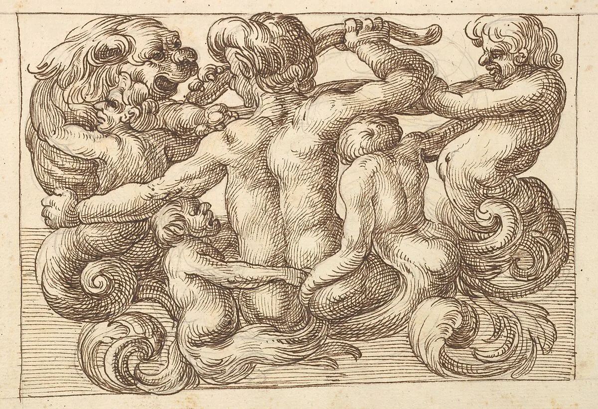 Horizontal Panel Design with Five Hybrid Creatures and a Lion. — Polifilo Giancarli|Anonymous, Italian, Venetian, 17th century