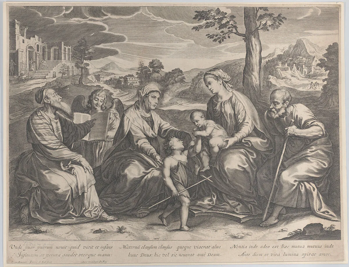 The Holy Family at right, with the infant Saint John the Baptist, Elizabeth, Zacharias, and an angel at left — Pieter de Jode II|Titian (Tiziano Vecellio)|Anthony Bonenfant