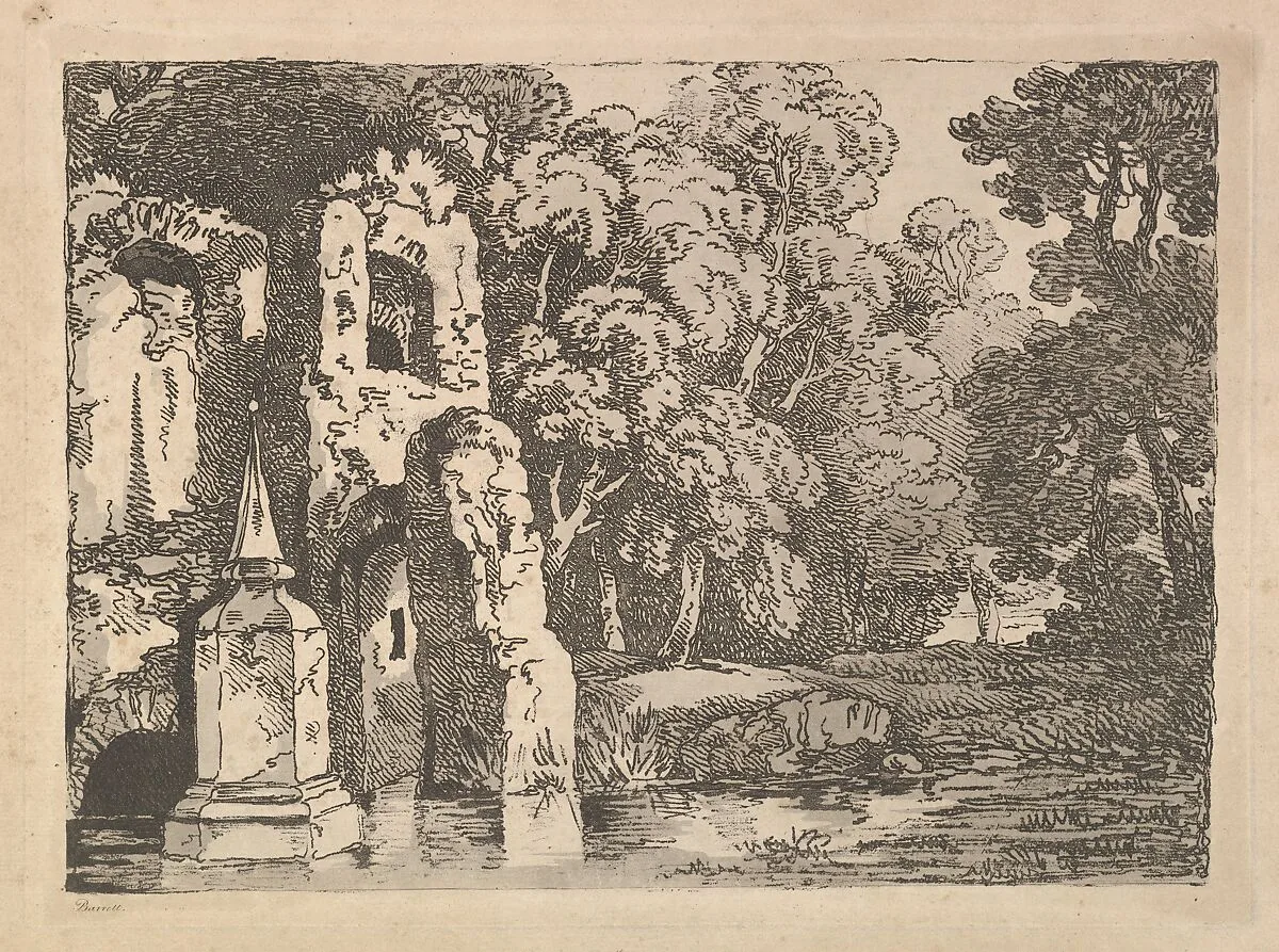 Ruins Next to a Pool in a Wooded Landscape — Thomas Rowlandson|George Barret, the elder