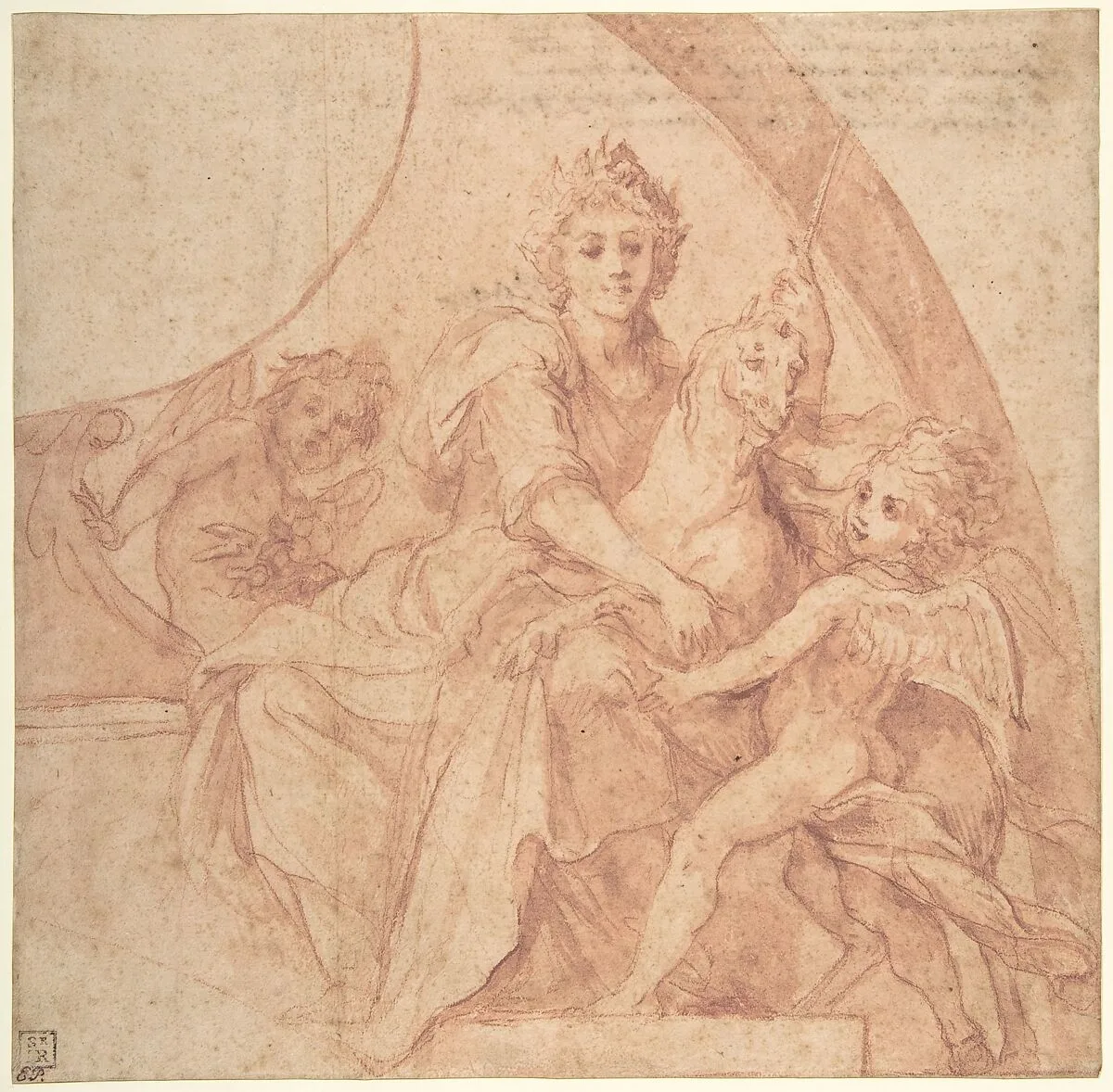 Allegorical Figure of Purity with a Unicorn and Two Putti (recto); Study of the Same Figures (verso) — Baldassarre Franceschini (il Volterrano)