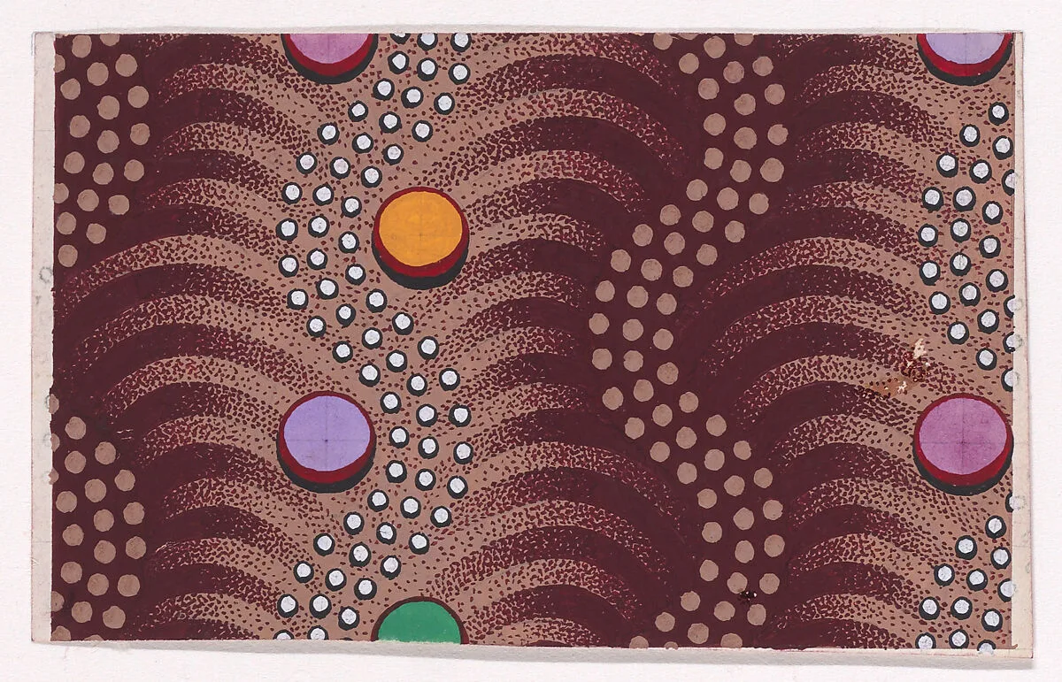 Textile Design with Vertical Undulating Garlands of Pearls with Alternatig Larger Pearls Separated by Undulating Garlands of Dots with Offsetting Stylized Palm Leaves — Anonymous, Alsatian, 19th century