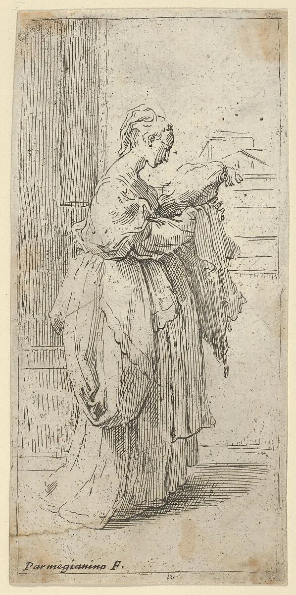 Girl carrying a cushion, seen in profile facing right — Guido Reni|Parmigianino (Girolamo Francesco Maria Mazzola)
