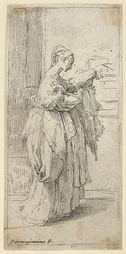 Girl carrying a cushion, seen in profile facing right