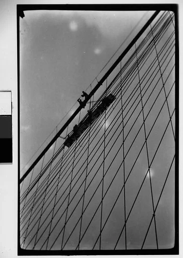 [Workers and Trolley on Cables of Brooklyn Bridge, New York City]