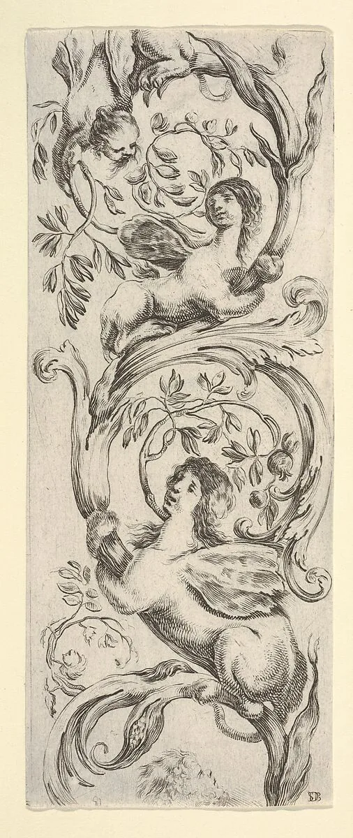 Three sphinxes climbing a vine, from 'Ornaments or Grotesques' (Ornamenti o Grottesche) — Stefano della Bella