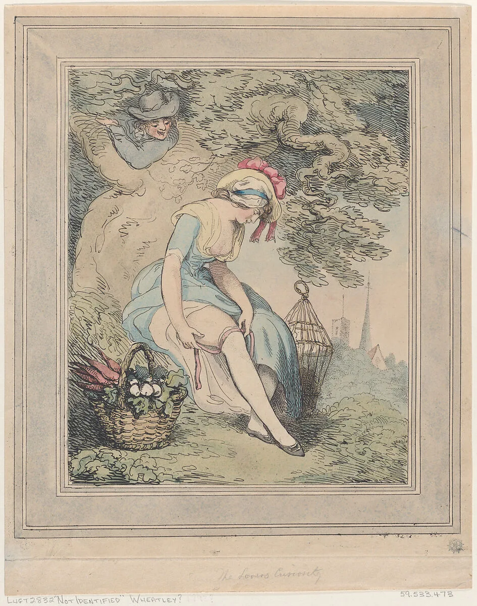 Girl with a Basket and Birdcage Adjusting Her Garter — Francis Wheatley|Thomas Rowlandson