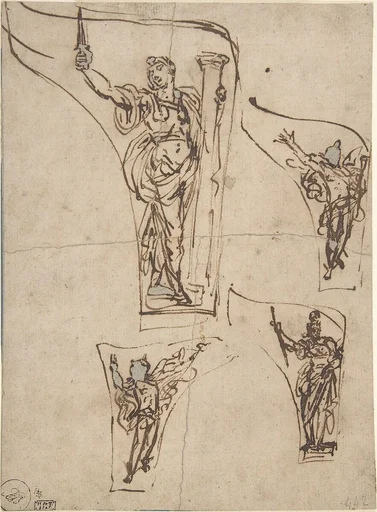 Studies for a Decorative Object (Banner or Pendentive?) Representing Allegorical Figures, One of Which Appears to Be Fortitude