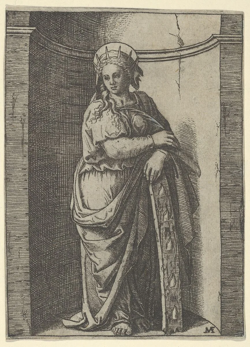 Saint Catherine standing in a niche, resting on a wheel, her instrument of torture — Marcantonio Raimondi|Francesco Francia