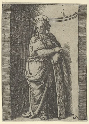 Saint Catherine standing in a niche, resting on a wheel, her instrument of torture