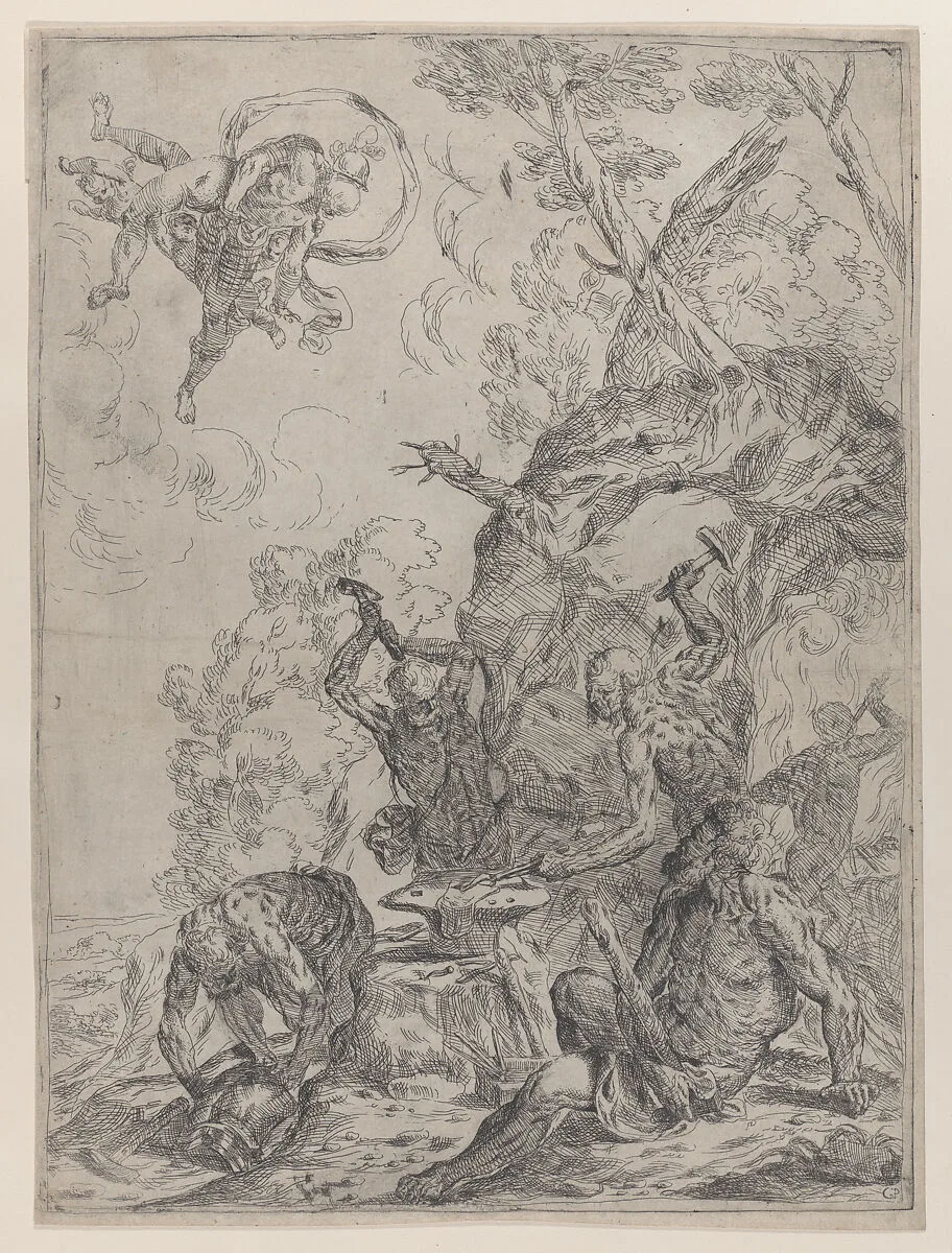 The forge of Vulcan with smiths striking an anvil with hammers, while Mars and Venus embrace in the heavens above — Giovanni Pietro Possenti