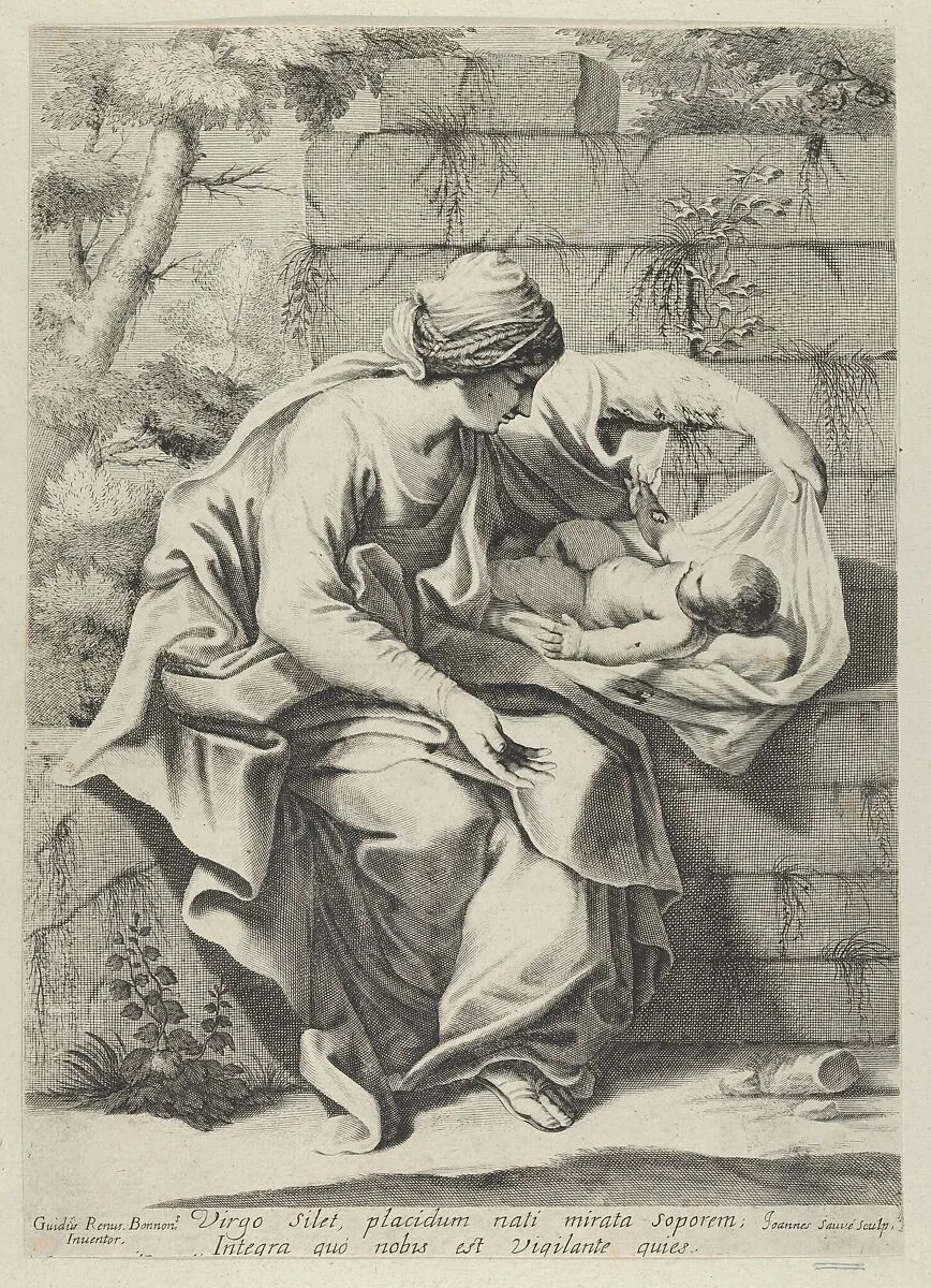 The Virgin seated on a stone ledge with the infant Christ lying on a cushion next to her, after Reni — Guido Reni|Jean Sauvé