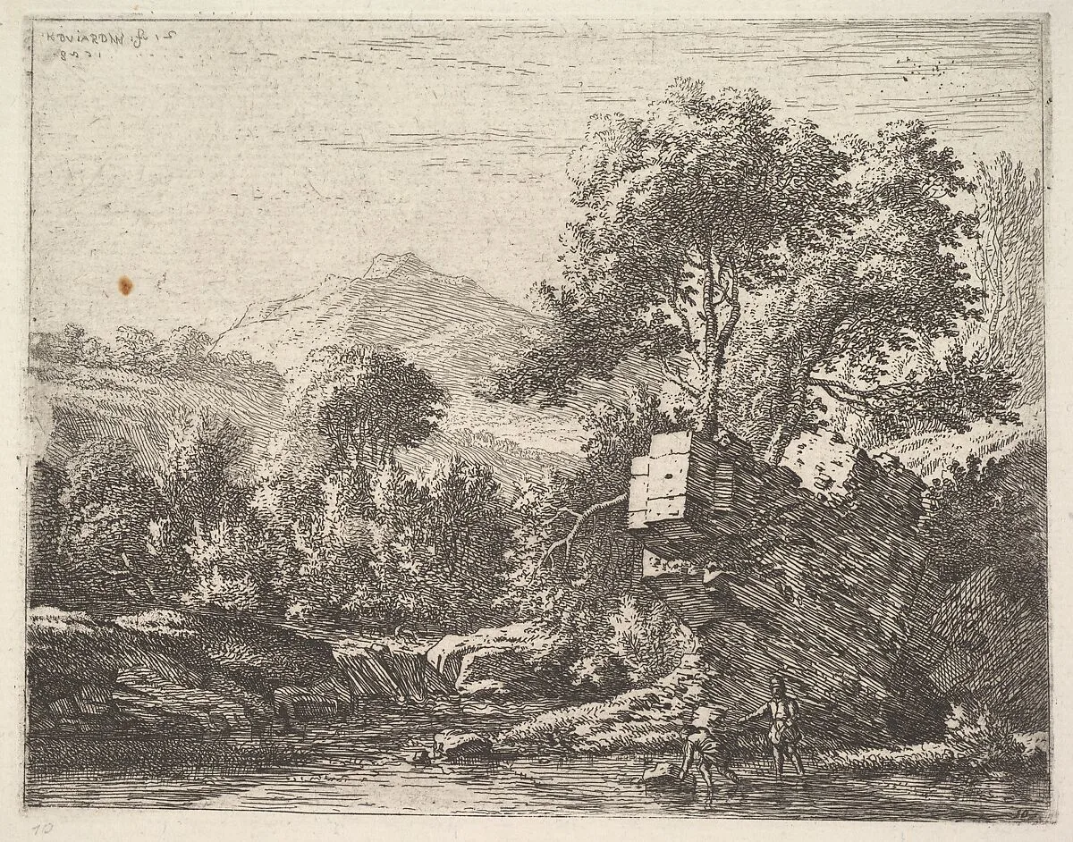 Two men standing ankle-deep in a body of water with a rocky outcrop behind them, to the left a rocky bank, trees and a hilltop beyond — Karel Dujardin
