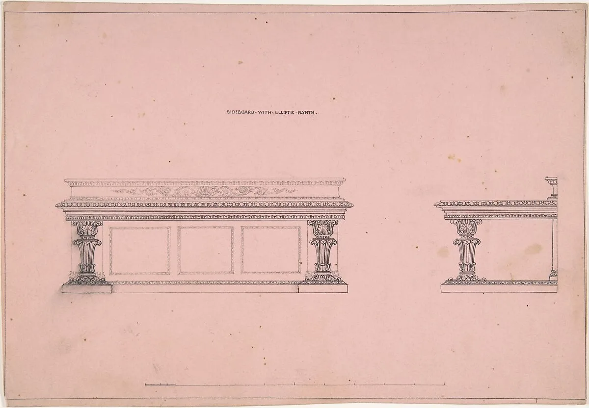 Designs for Sideboard with Elliptic Plinth — Robert William Hume