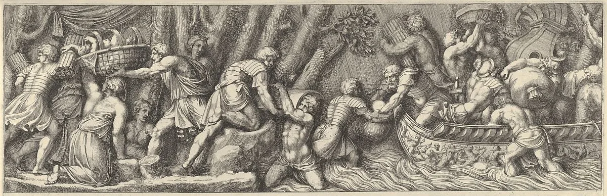 Plate 5: figures unloading goods from a boat at the right — Pietro Santi Bartoli|Polidoro da Caravaggio|Giovanni Giacomo De Rossi