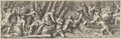 Plate 5: figures unloading goods from a boat at the right