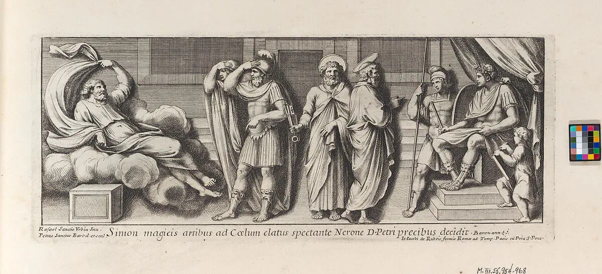 Saint Paul standing before the Proconsul, from a series of 15 plates, depicting Raphael's works for the Vatican stanze and the Sistine Chapel tapestries — Pietro Santi Bartoli|Raphael (Raffaello Sanzio or Santi)|Giovanni Giacomo De Rossi