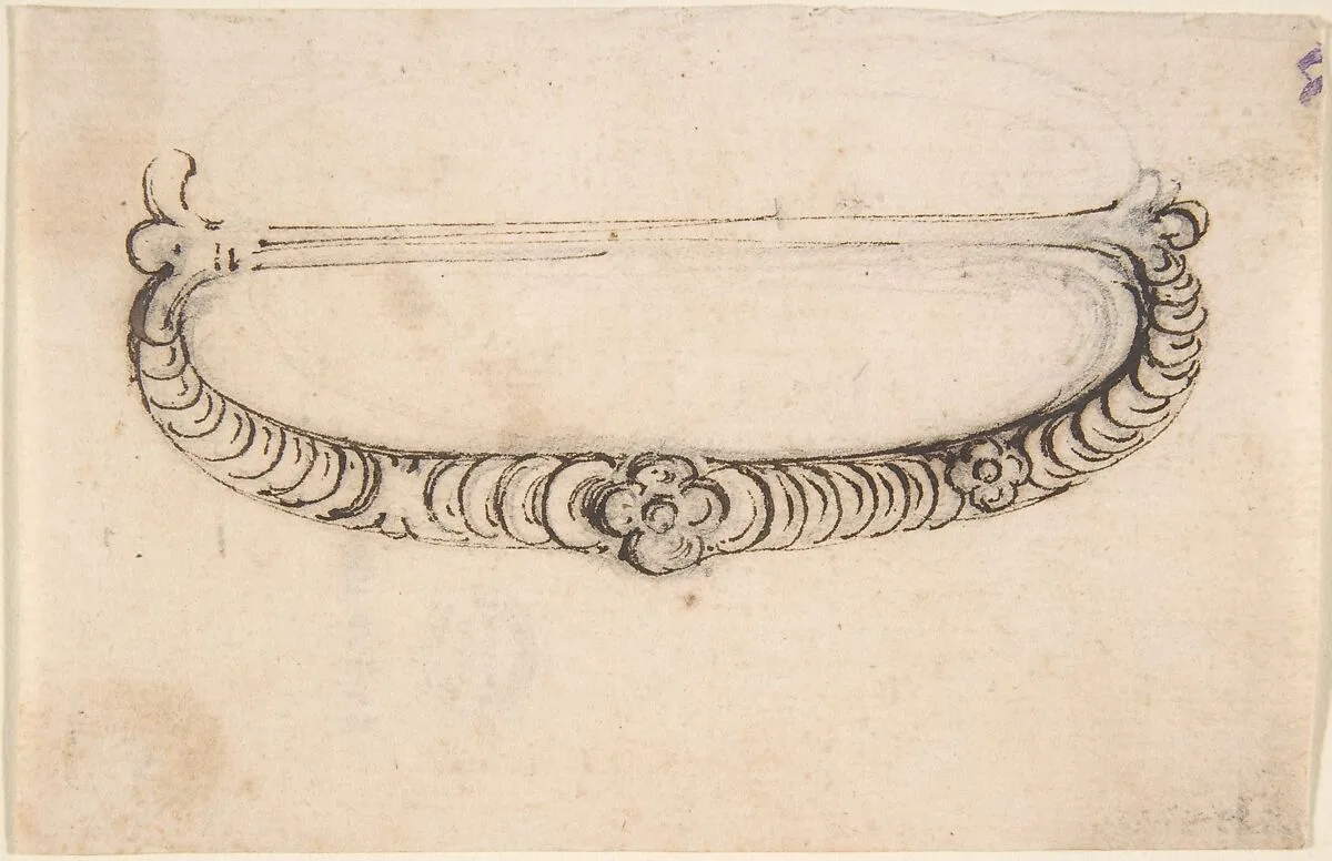 Design for a Metal Bag or Purse Handle with Stacked Coin Motif and Central Rosette — Anonymous, Italian, 17th century