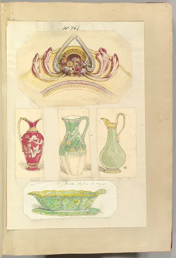 Designs for an Pierced Border Ornament, Three Pitchers and an Open Basin (recto); Design for a Candle Stick (verso)