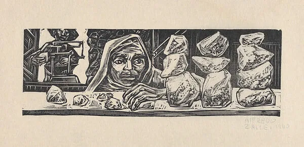 A man weighing stones (crystals?), a woman in the foreground at the counter — Alfredo Zalce