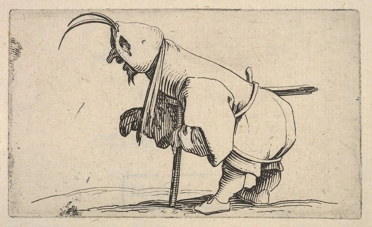 Hooded small figure hunched over a crutch, in profile view with left leg positioned forward and sword affixed to right hip, from the series 'Varie figure gobbi' — Jacques Callot