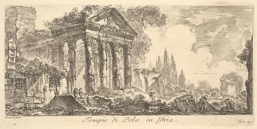 Plate 21: Temple of Pola in Istria (Tempio di Pola in Istria), from "Alcune Vedute di Archi Trionfali ed altri monumenti inalzati da Romani parte di quali se veggono in Roma e parte per l'Italia" (Some Views of Triumphal Arches and other monuments erected by the Romans, some of which are in Rome and some elsewhere in Italy)