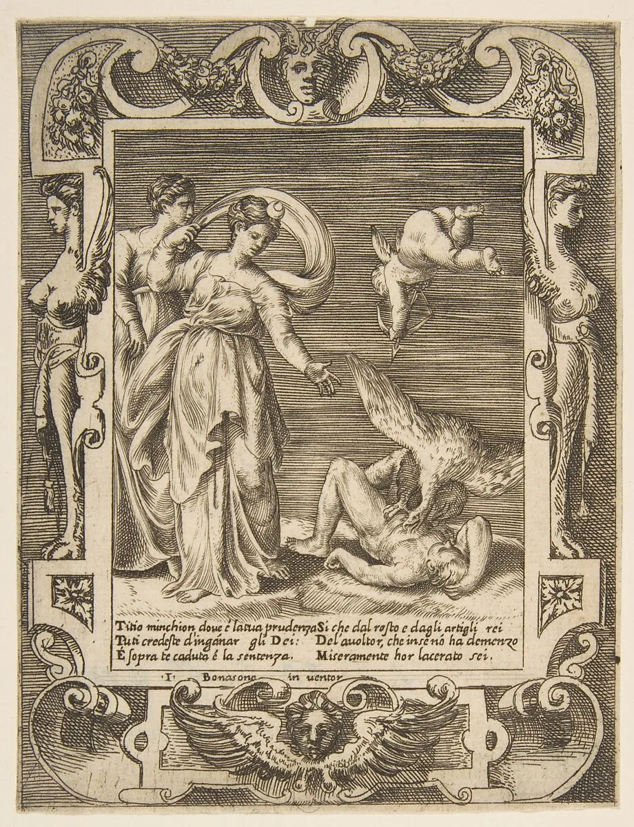 A vulture eating the innards of Titius, Cupid above two women to the left, set within and elaborate frame, from "Loves, Rages and Jealousies of Juno" — Giulio Bonasone